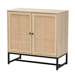Baxton Studio Caterina Mid-Century Modern Transitional Natural Brown Finished Wood and Natural Rattan 2-Door Storage Cabinet
